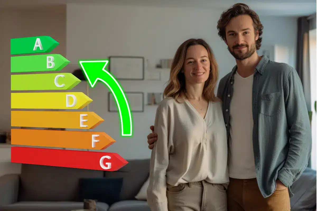 Un DPE représenté avec une flèche pour illustrer un gain de DPE, un couple pose à côté