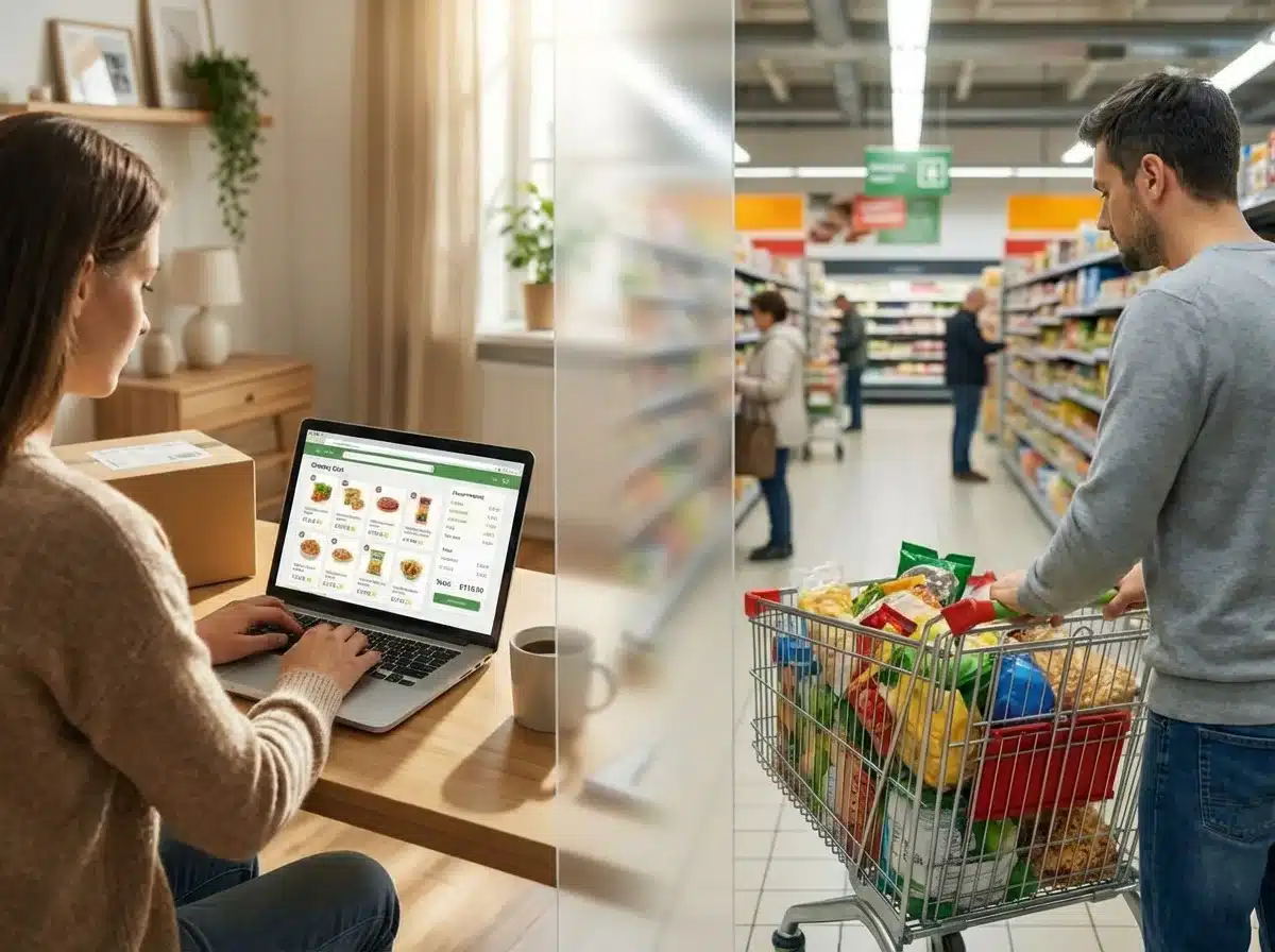 Image comparative entre une personne qui fait ses courses en ligne et une autre personne qui fait ses courses au supermarché