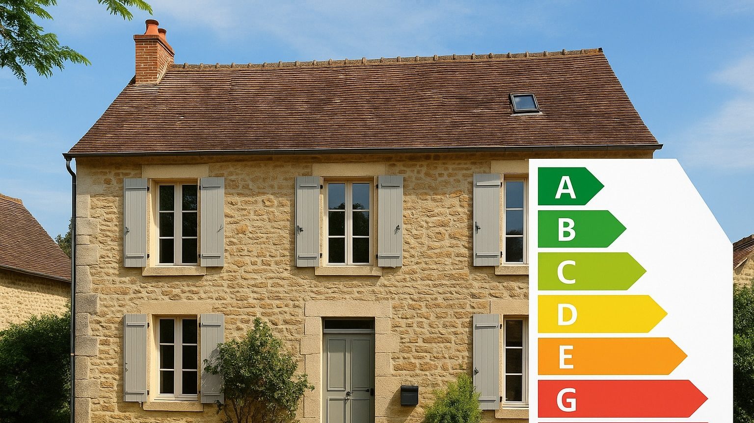 Un DPE placé à côté d'une maison ancienne, représentant une passoire thermique