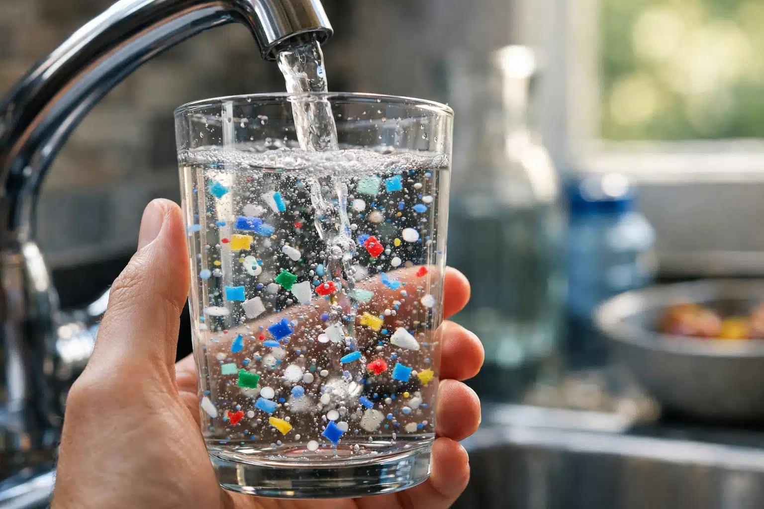 Microplastiques visibles dans un échantillon d'eau potable contaminée