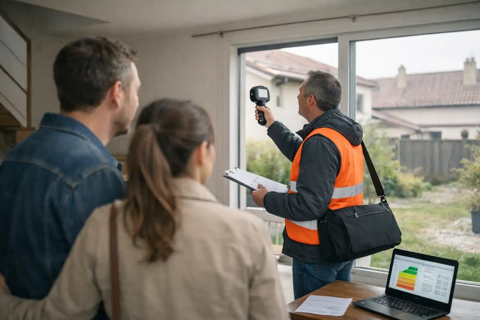 Technicien en gilet orange inspectant la fenêtre