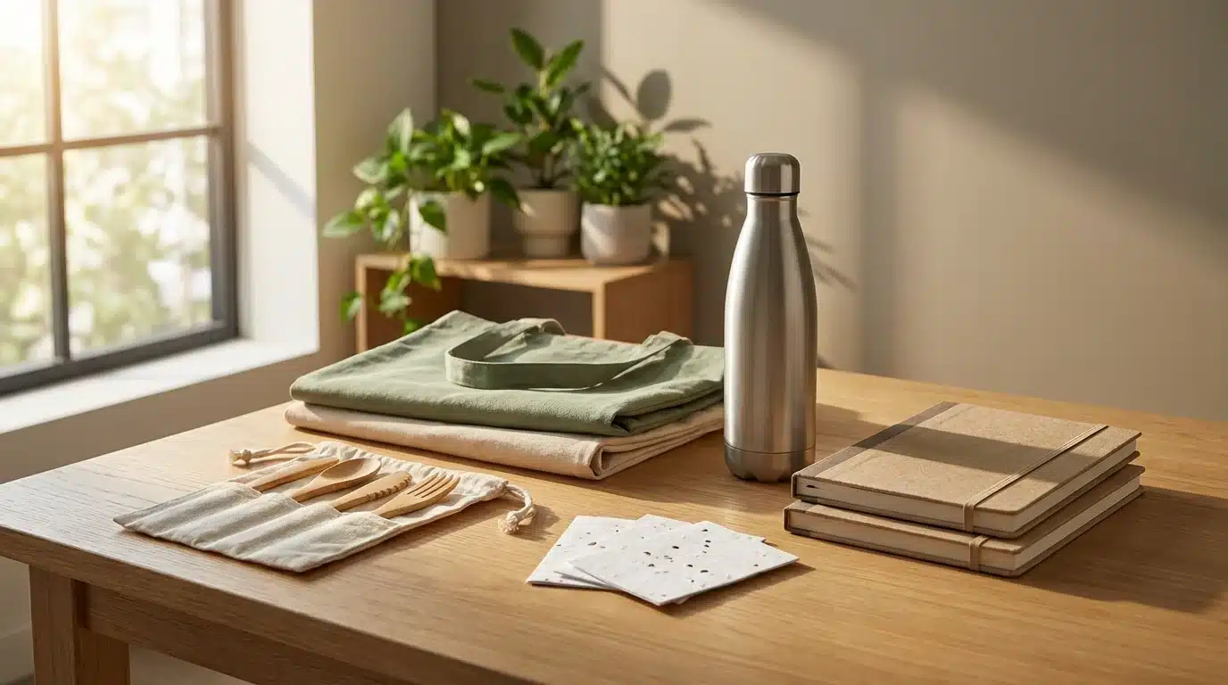 Goodies écologiques sur un bureau naturel