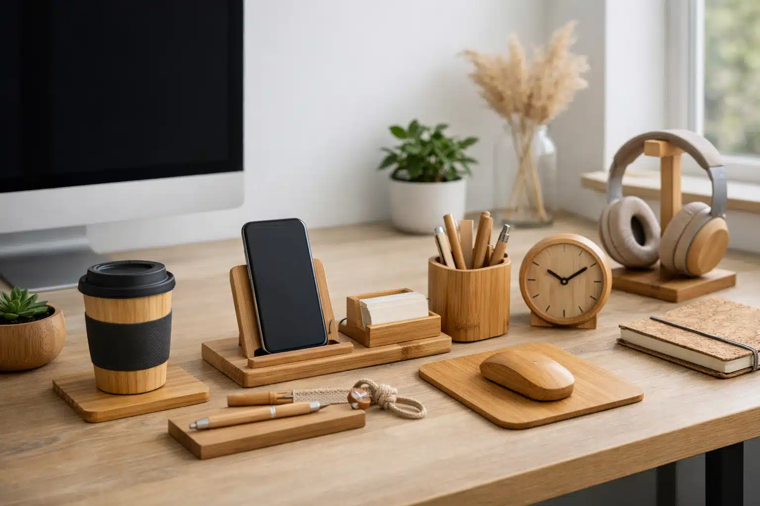 Bureau organisé avec accessoires en bois et smartphone