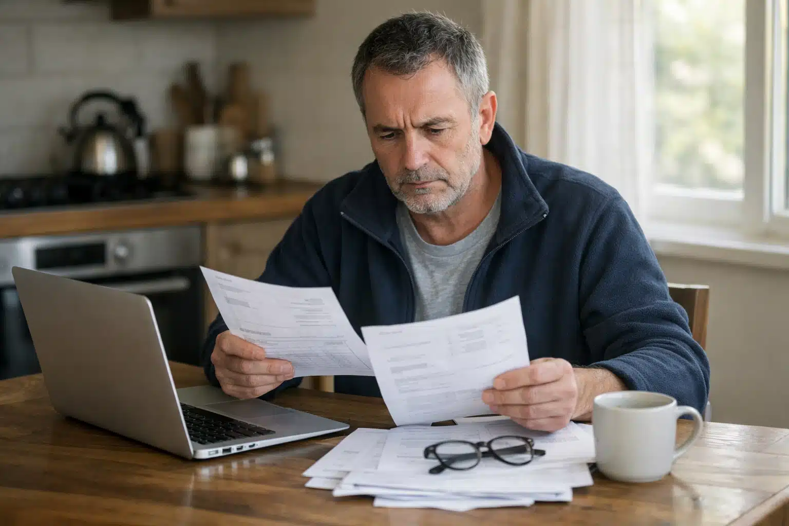 Homme lisant des documents avec un ordinateur portable.