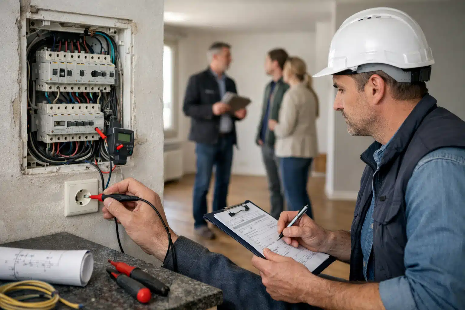 Électricien en casque inspectant un tableau électrique, propriétaires discutant