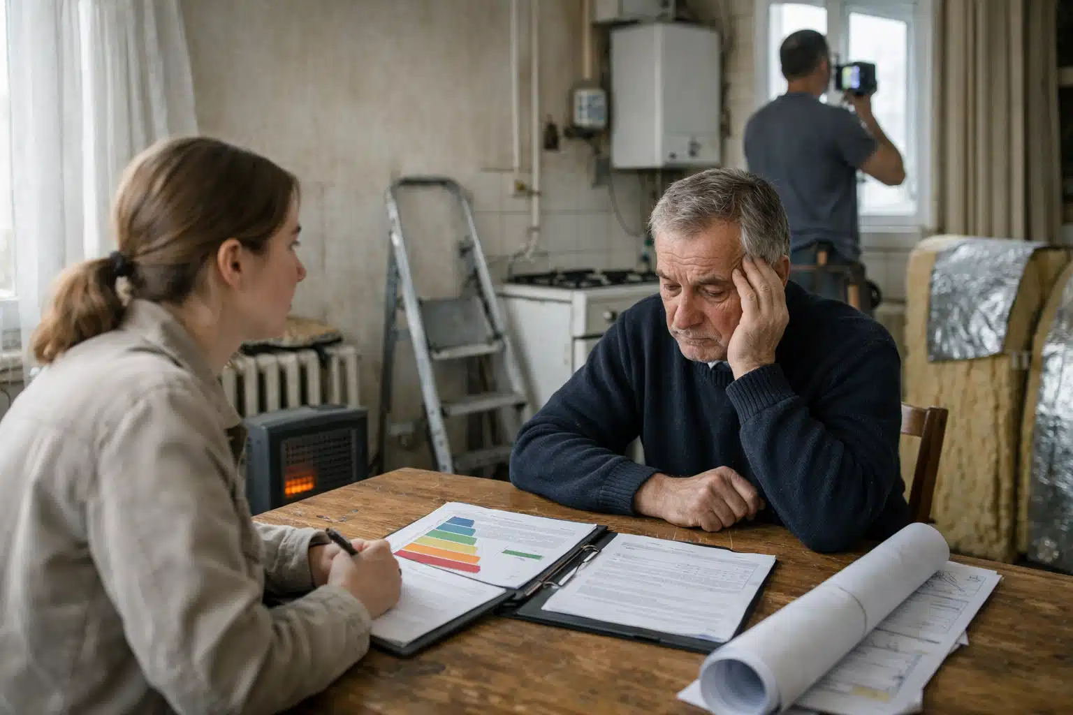 Homme préoccupé au téléphone devant des documents sur table