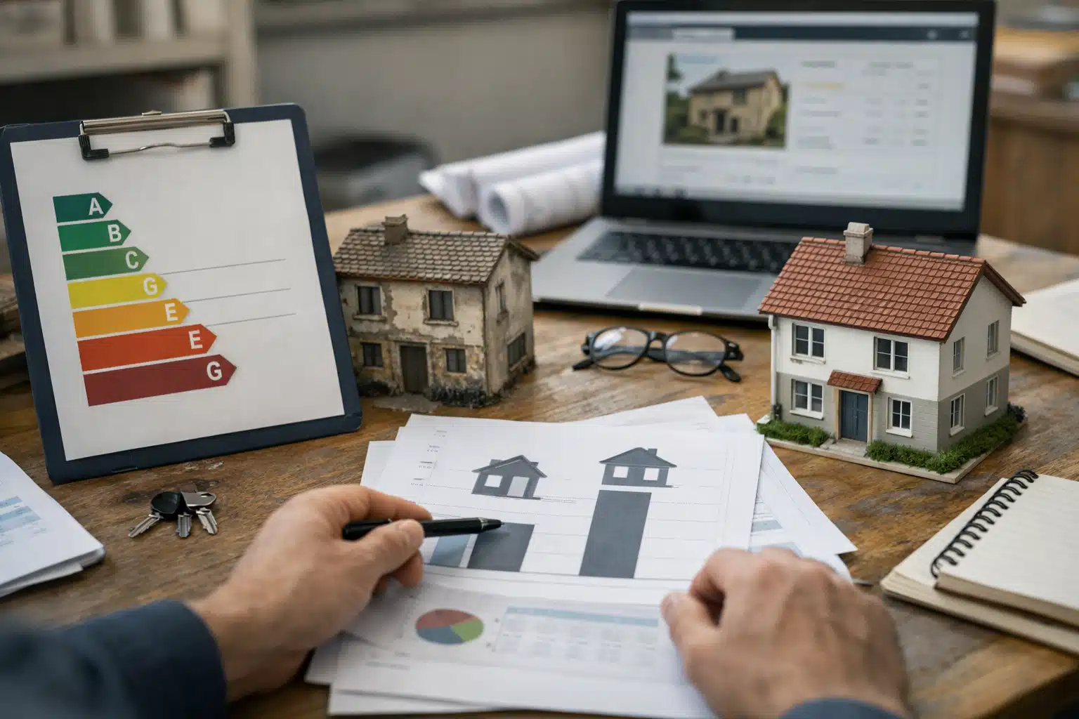 Mains examinant plans et maquettes pour évaluation immobilière
