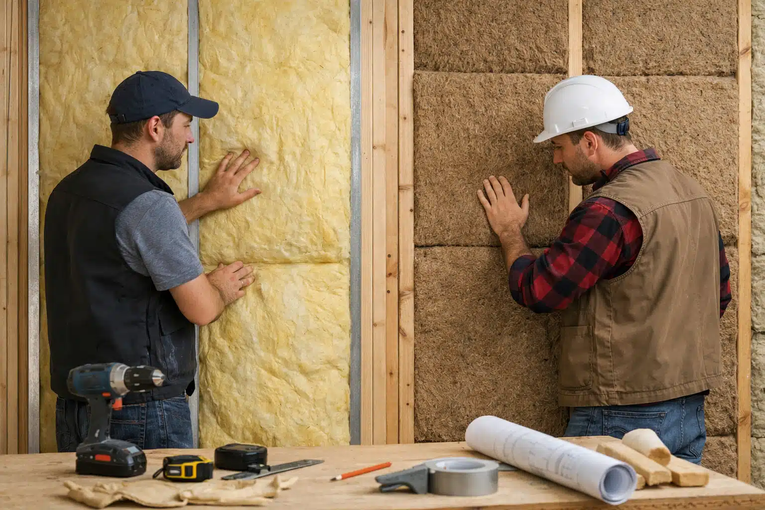 Deux ouvriers installant une isolation murale