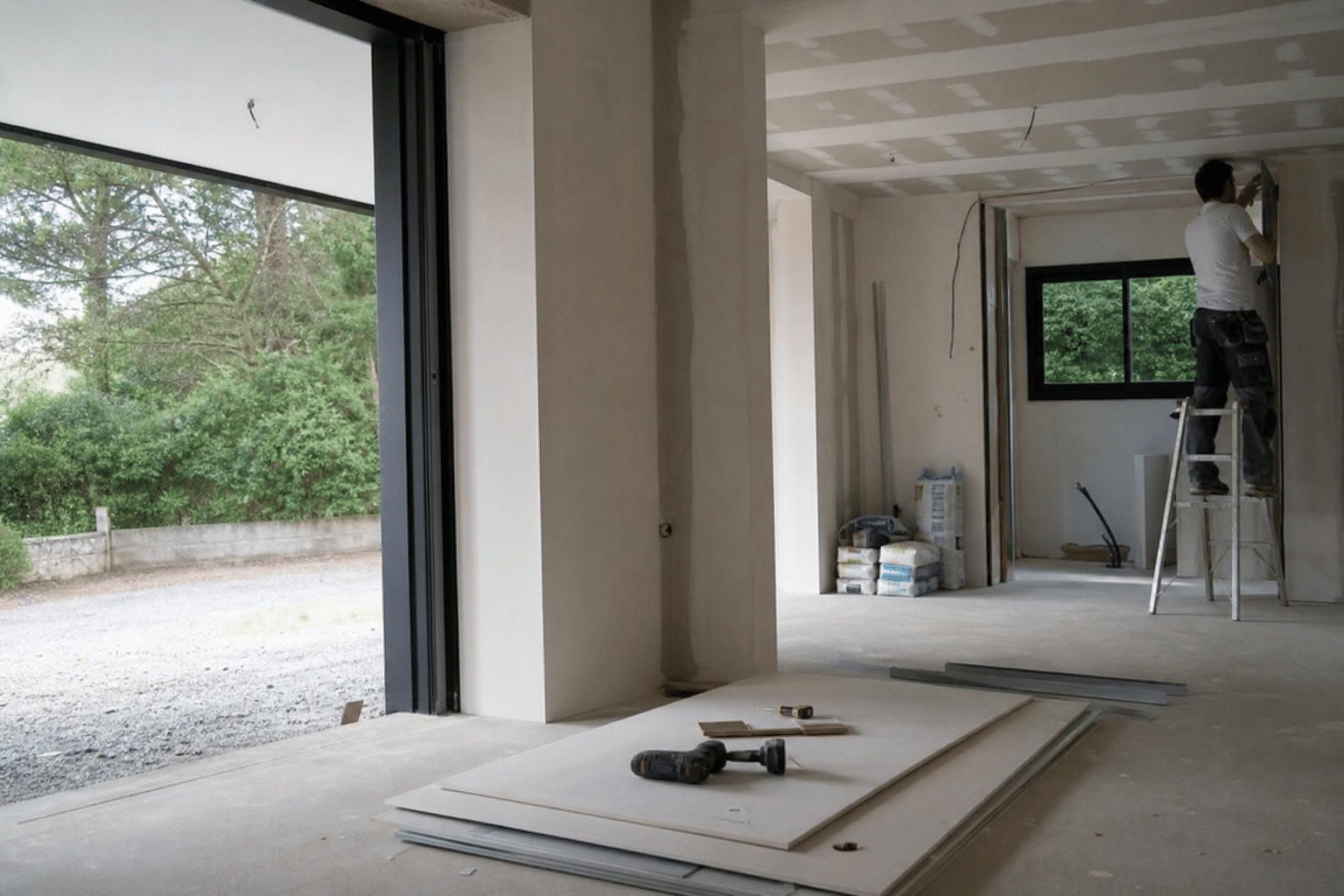Intérieur en rénovation, plaques de plâtre au sol