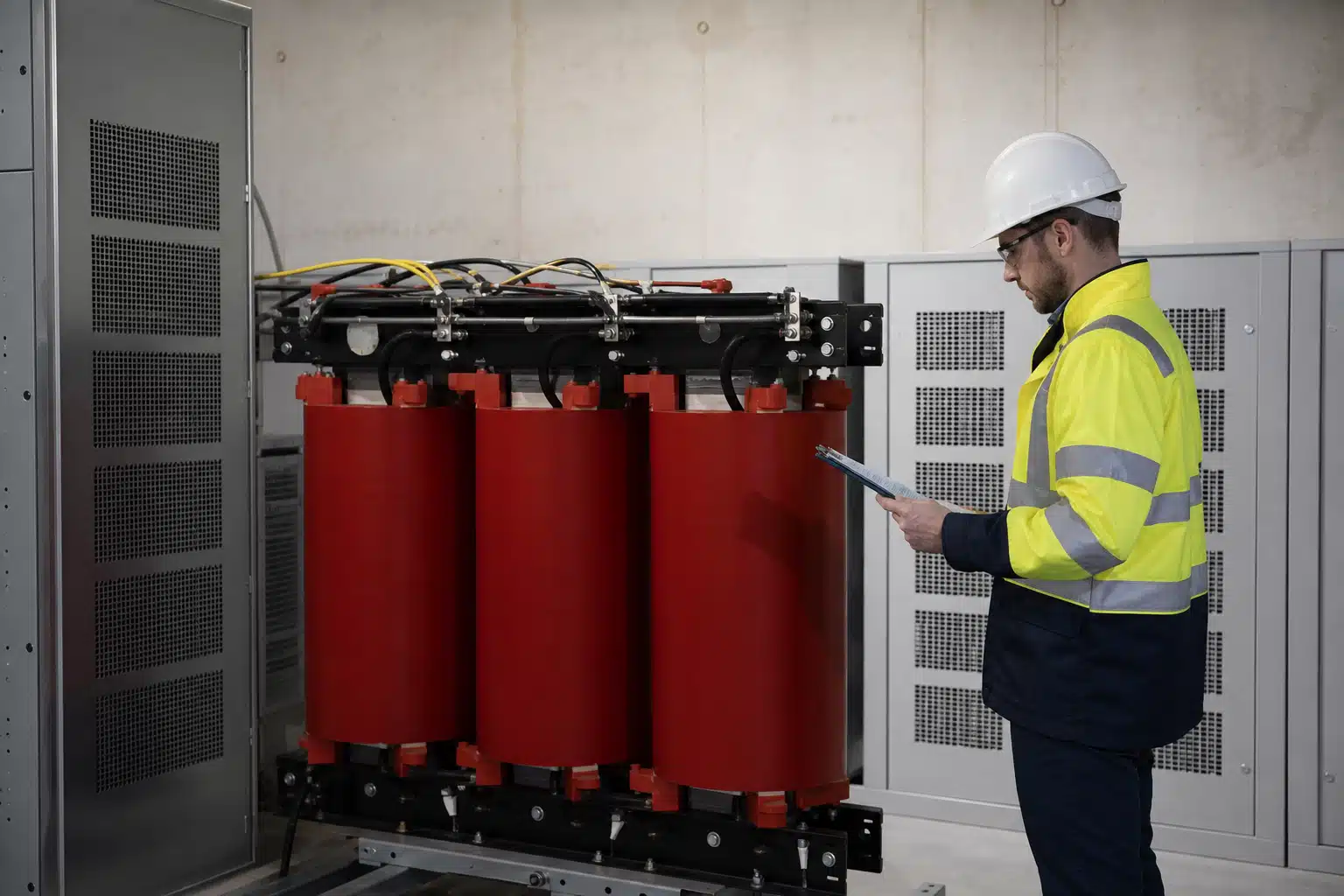 Technicien avec tablette inspectant transformateurs industriels rouges
