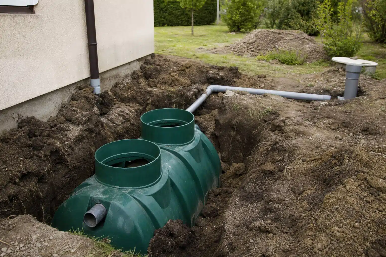Fosse septique en plastique verte enterrée près de la maison