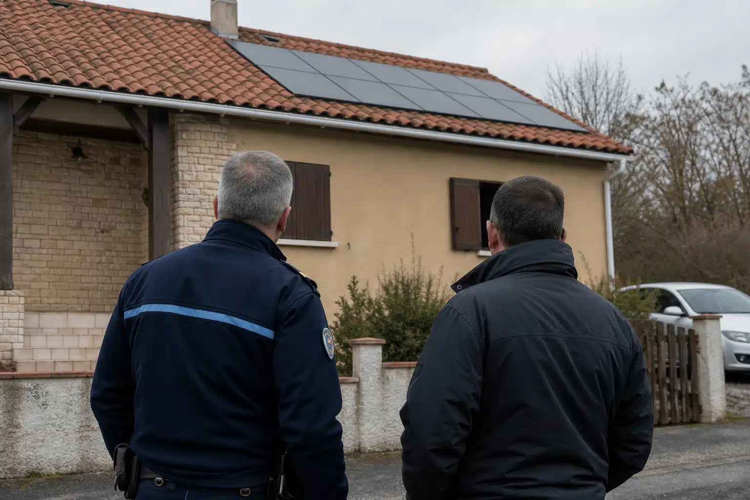 Deux personnes inspectant des panneaux solaires sur le toit