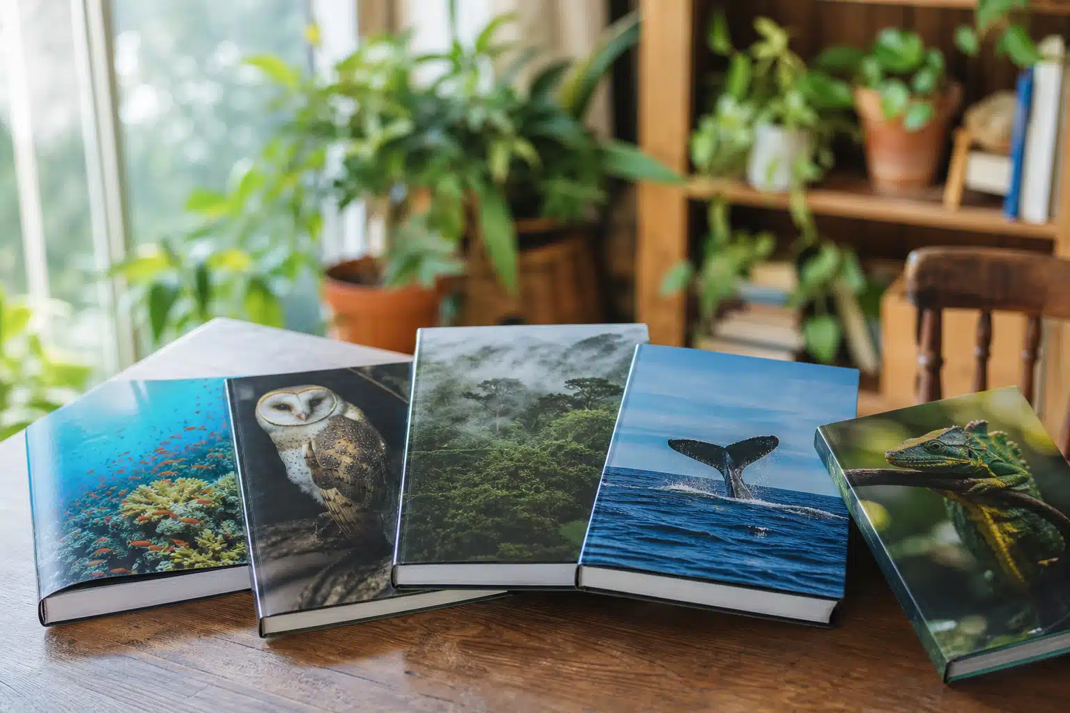 Trois carnets montrant chouette, forêt et queue de baleine
