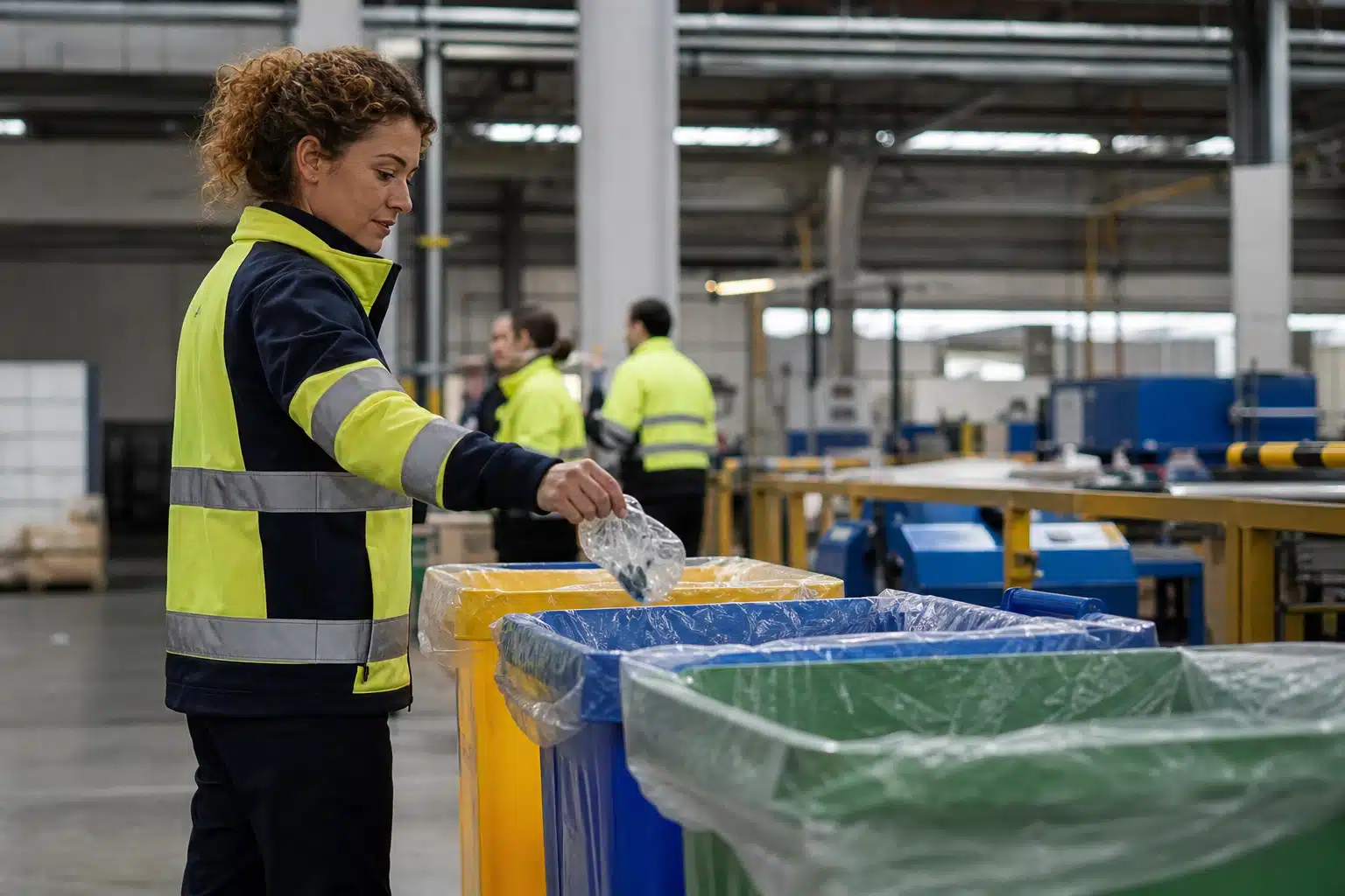 Travailleur triant des bacs de tri sélectif